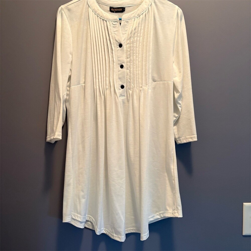 Reborn Tunic Top Womens XL Ivory Henley Button Front 3/4 Sleeve Pintuck Pilgrim